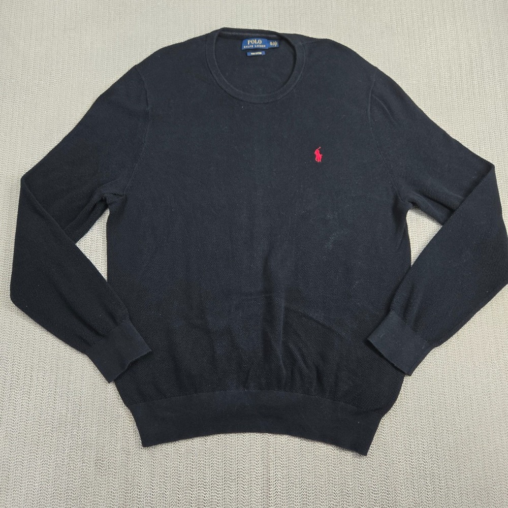 Polo Ralph Lauren Sweater Men XL Black Crewneck Pima Cotton Waffle Knit Red Pony